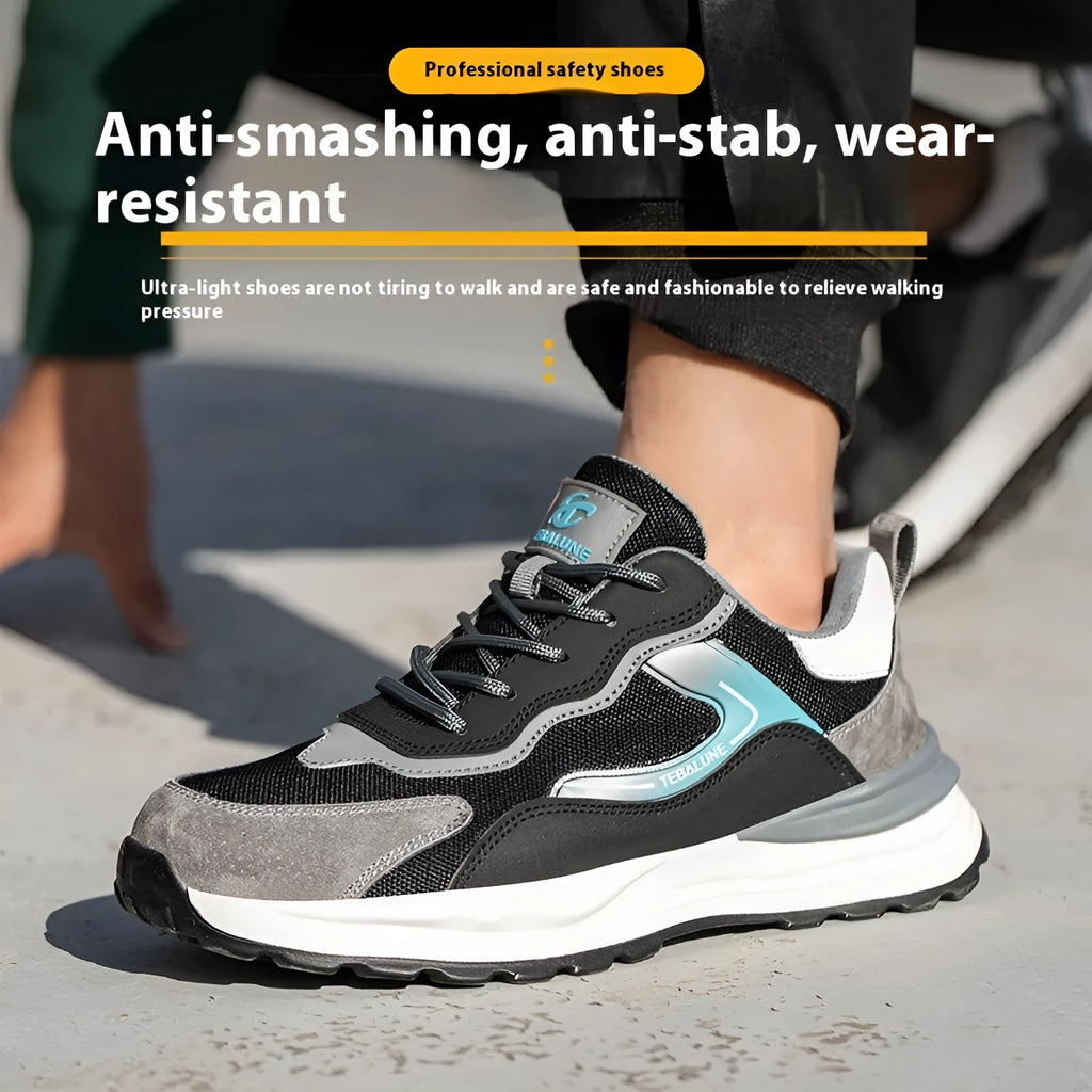 Men's low-top lace-up work shoes in suede and mesh with a plastic steel toe cap.