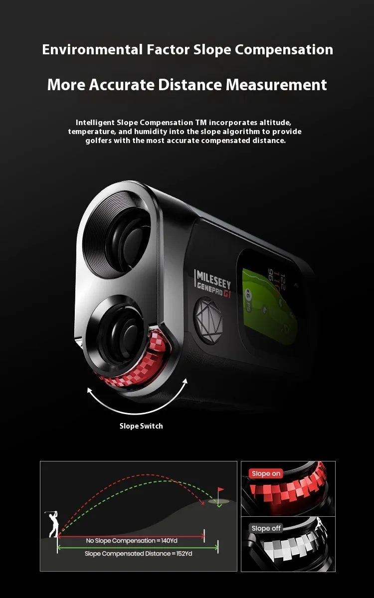 GenePro G1 black golf GPS rangefinder with AMOLED display showing distance measurement