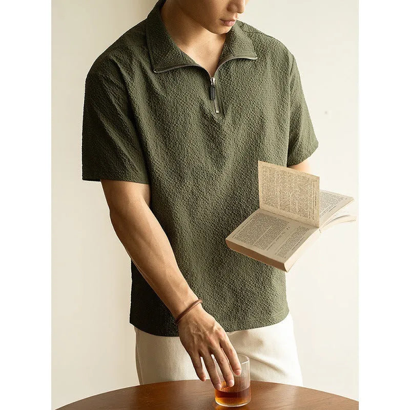 Men's loose fit ice silk short sleeve t-shirt in cedar green, showing casual style.