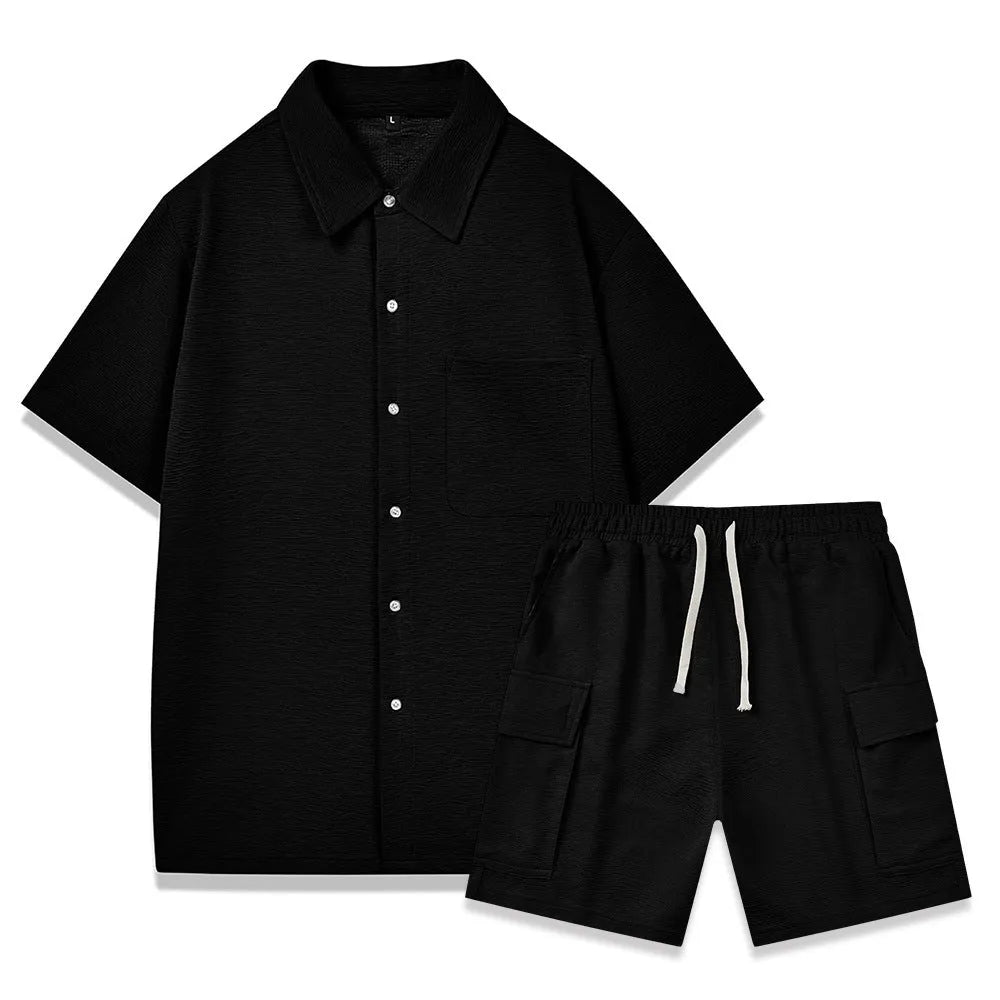 Casual two-piece clothing set with a short sleeve top and elastic waist shorts in beige.