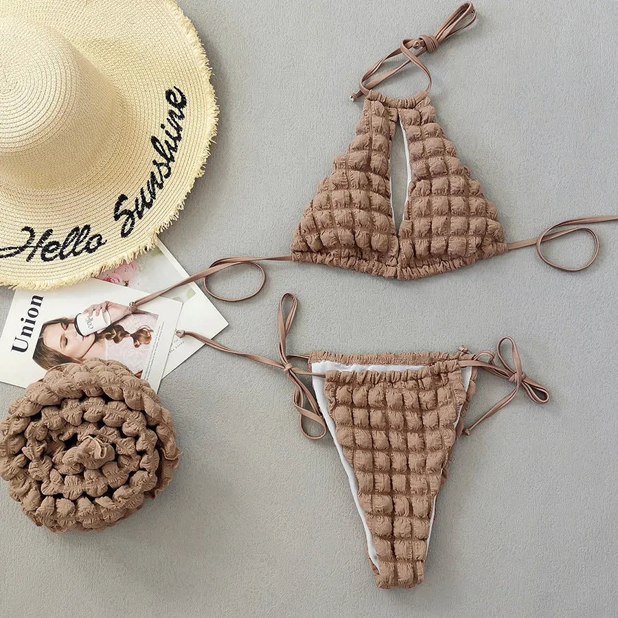 Brown seersucker women's lace-up bikini top with matching pants and skirt, a three-piece swimsuit set.