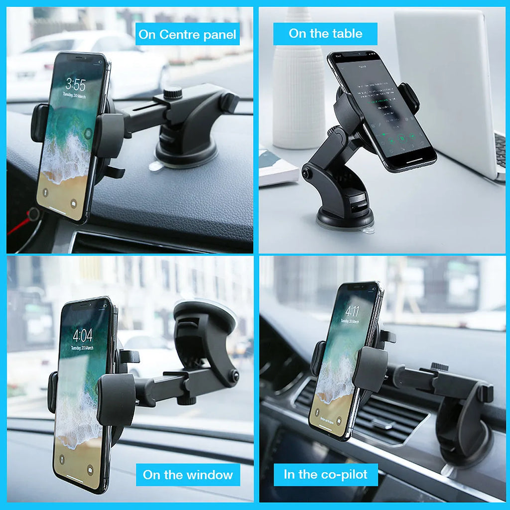 Yellow and black telescopic car phone holder with suction cup mount extended on a dashboard.