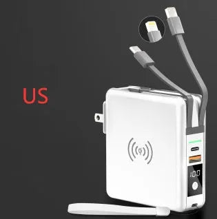 Black and white PD20W fast charging power bank with wireless capability and integrated plug