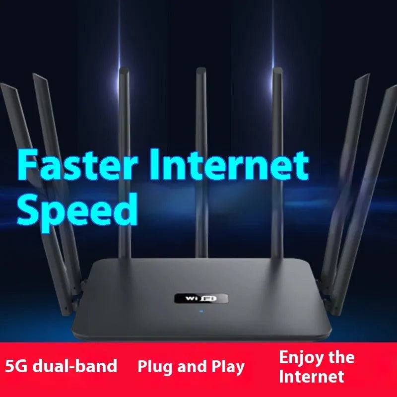 Black and white dual-band 5G gigabit router with multiple antennas for whole-house wall-through WiFi coverage