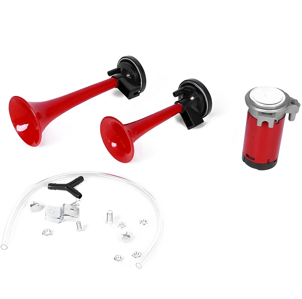 12V electric horn in black or red, 220mm or 170mm length, 105-115dB, 60/50W