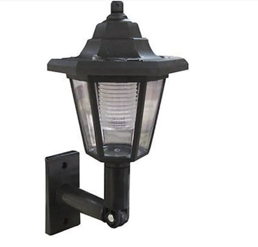 Black hexagonal solar-powered wall light with integrated solar panel and waterproof IP44 rating for outdoor use