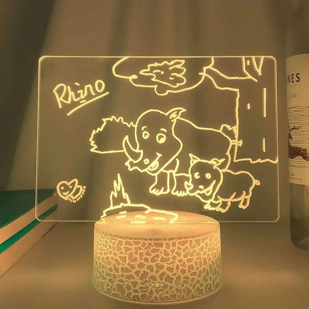 3D acrylic message board night light with handwritten text and coloured LED illumination