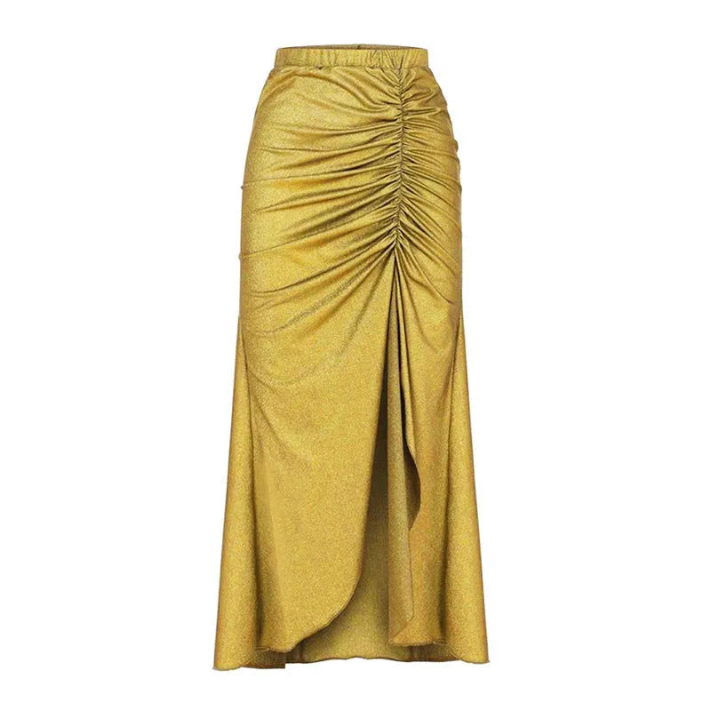 Women's high-waist bikini swimsuit with split detail and cover-up skirt in yellow or green nylon fabric
