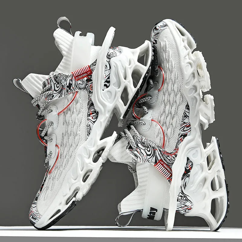 Men's soft bottom blade running sneakers with mesh upper and rubber sole in white, apricot, and black, sizes 39-46