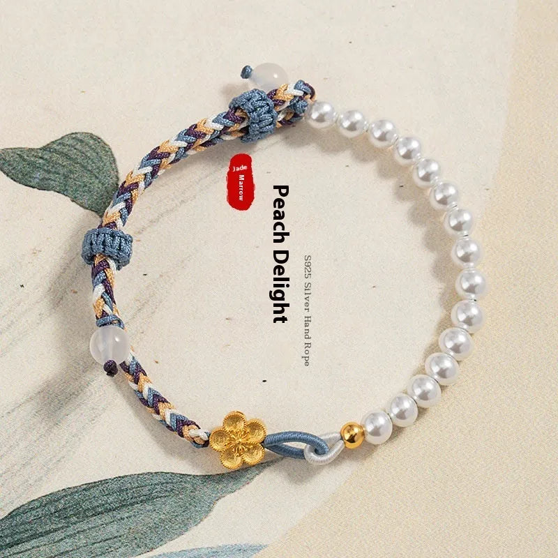 Sterling silver chalcedony carrying strap bracelet with Chinese flower weaving in peach colour