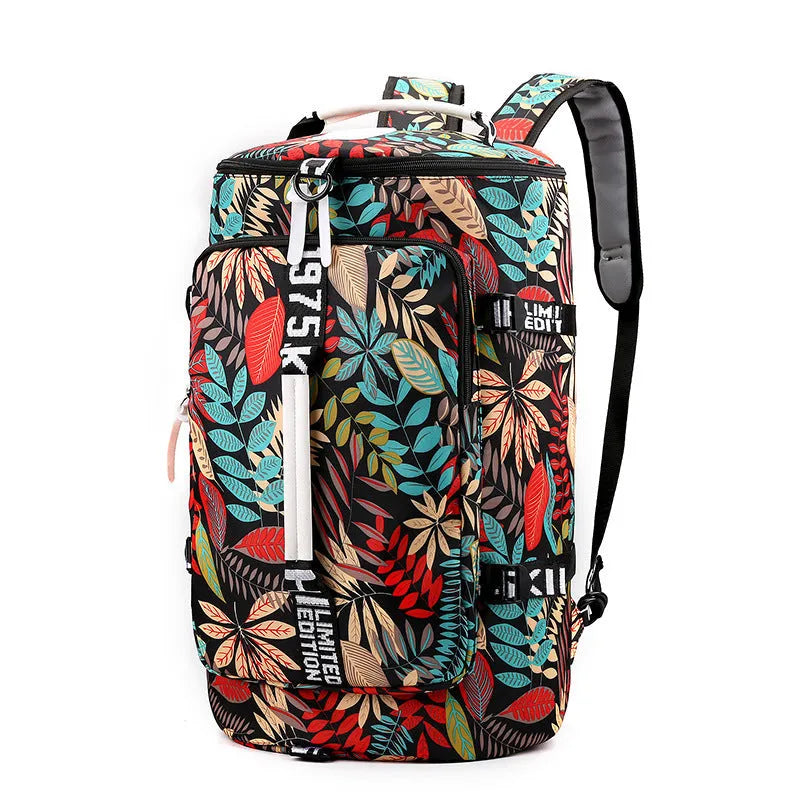 Waterproof nylon gym backpack showing shoe compartment, multiple pockets, and combination lock in blue colour