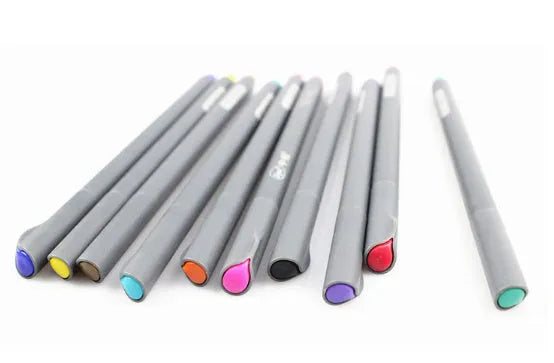Pack of ten black hook line technical drawing pens with 0.38mm fine tips on a white surface.