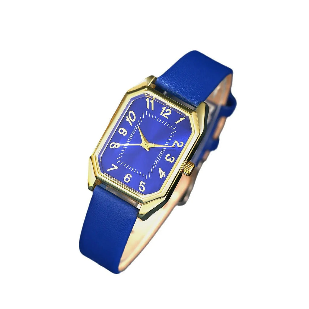 Leather women's square quartz watch and rhinestone jewellery set with necklace, earrings, ring