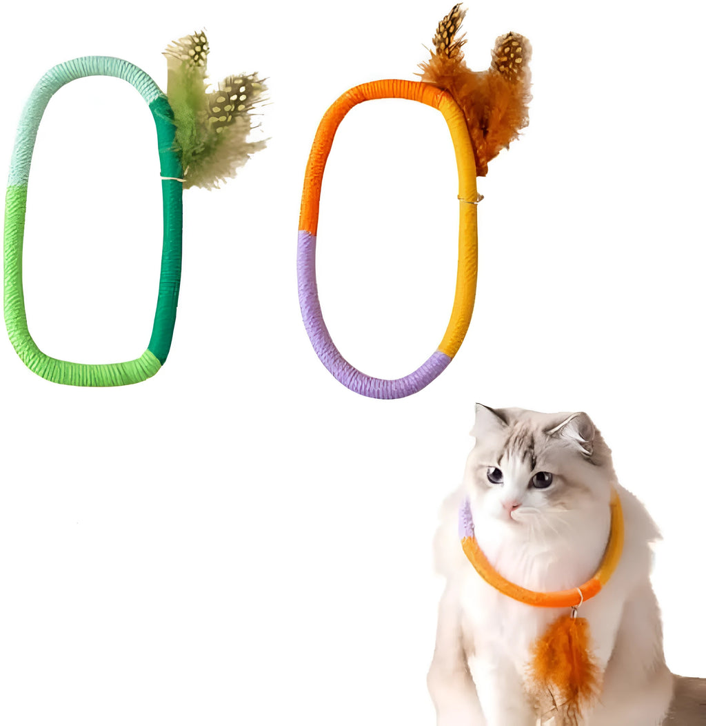 Circular green cotton rope cat toy with feathers and catnip.