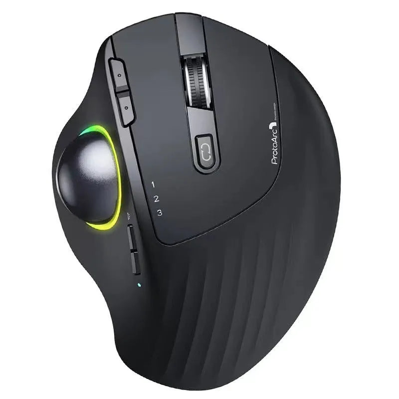 Black wireless trackball mouse with dual-mode 2.4G Bluetooth, rechargeable, luminous accent, 2400 DPI, 13x20x6cm