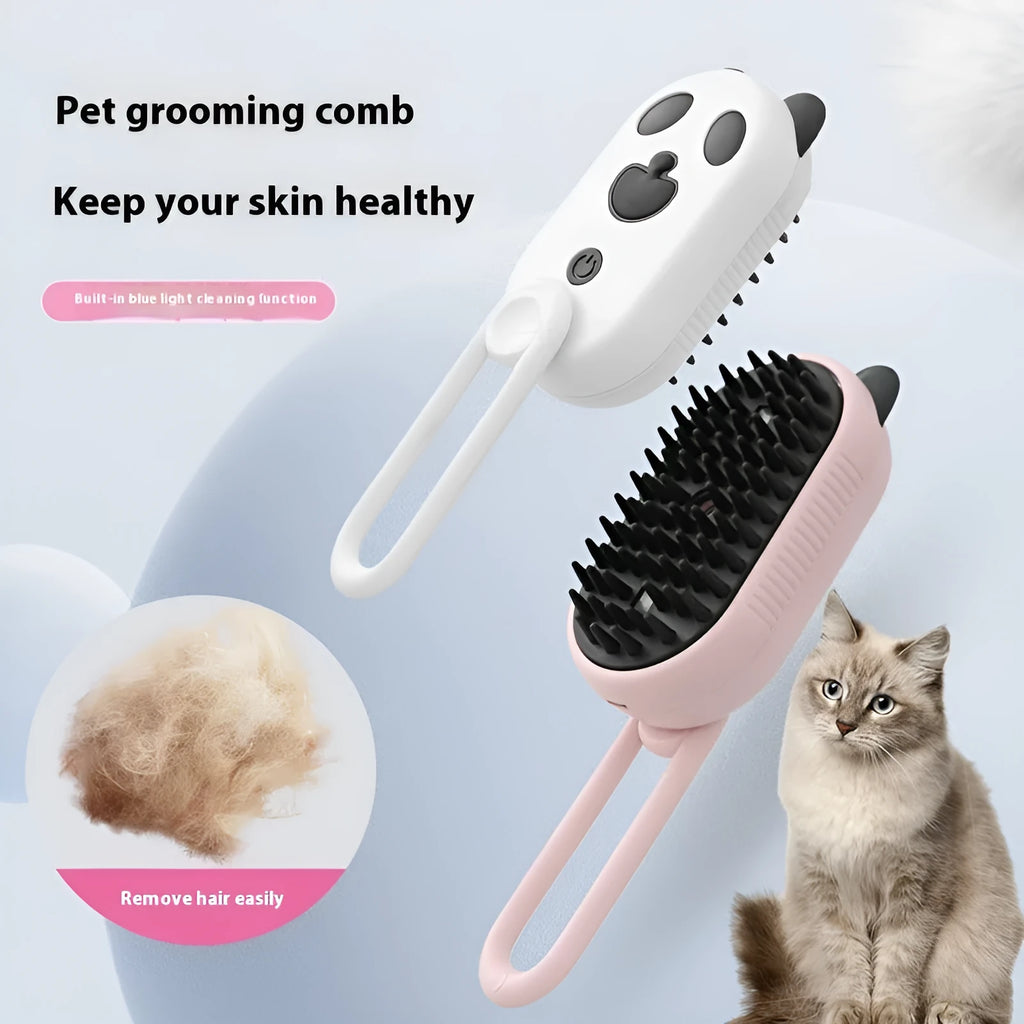 Avocado green pet grooming brush with comb teeth and spray massage attachment on handle.