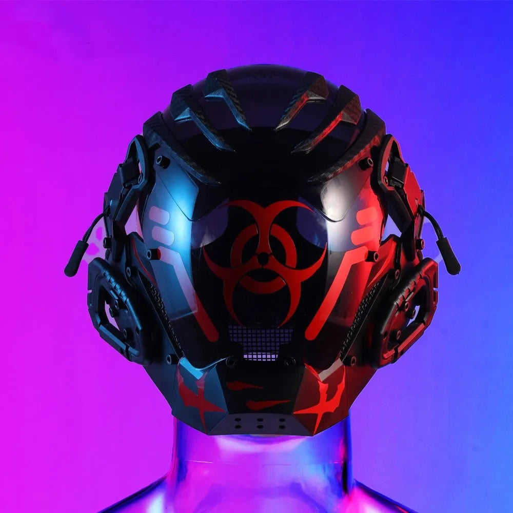 Black full face cybernetic prop helmet with bioweapon tech theme on a neutral background.