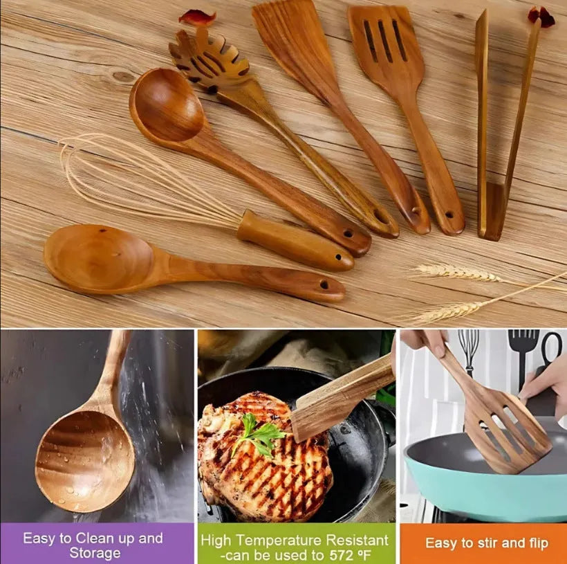 Seven-piece natural beech wood cooking utensil set with spoon and spatula designs