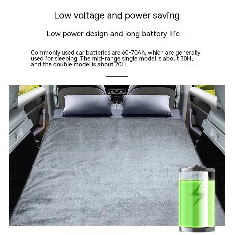 Grey 12V car electric blanket showing cigarette lighter plug connection and temperature controls