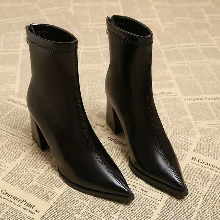 Women's mid heel Martin boots with pointed toe, back zipper, artificial PU upper, rubber sole, in black or brown