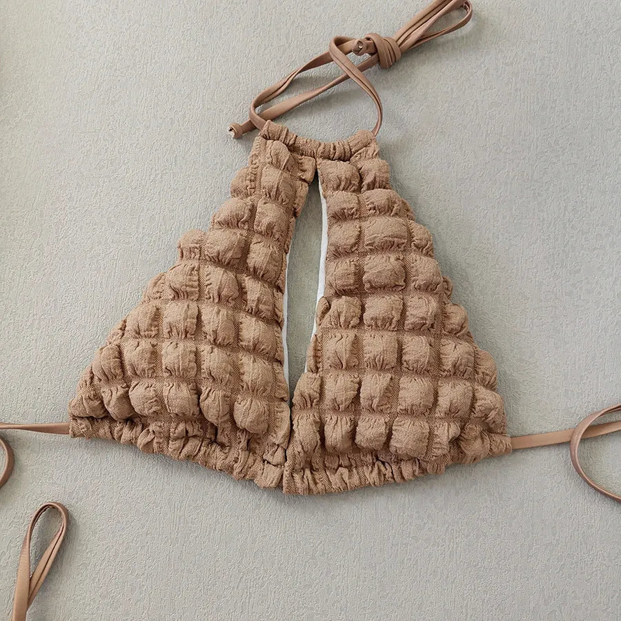 Brown seersucker women's lace-up bikini top with matching pants and skirt, a three-piece swimsuit set.