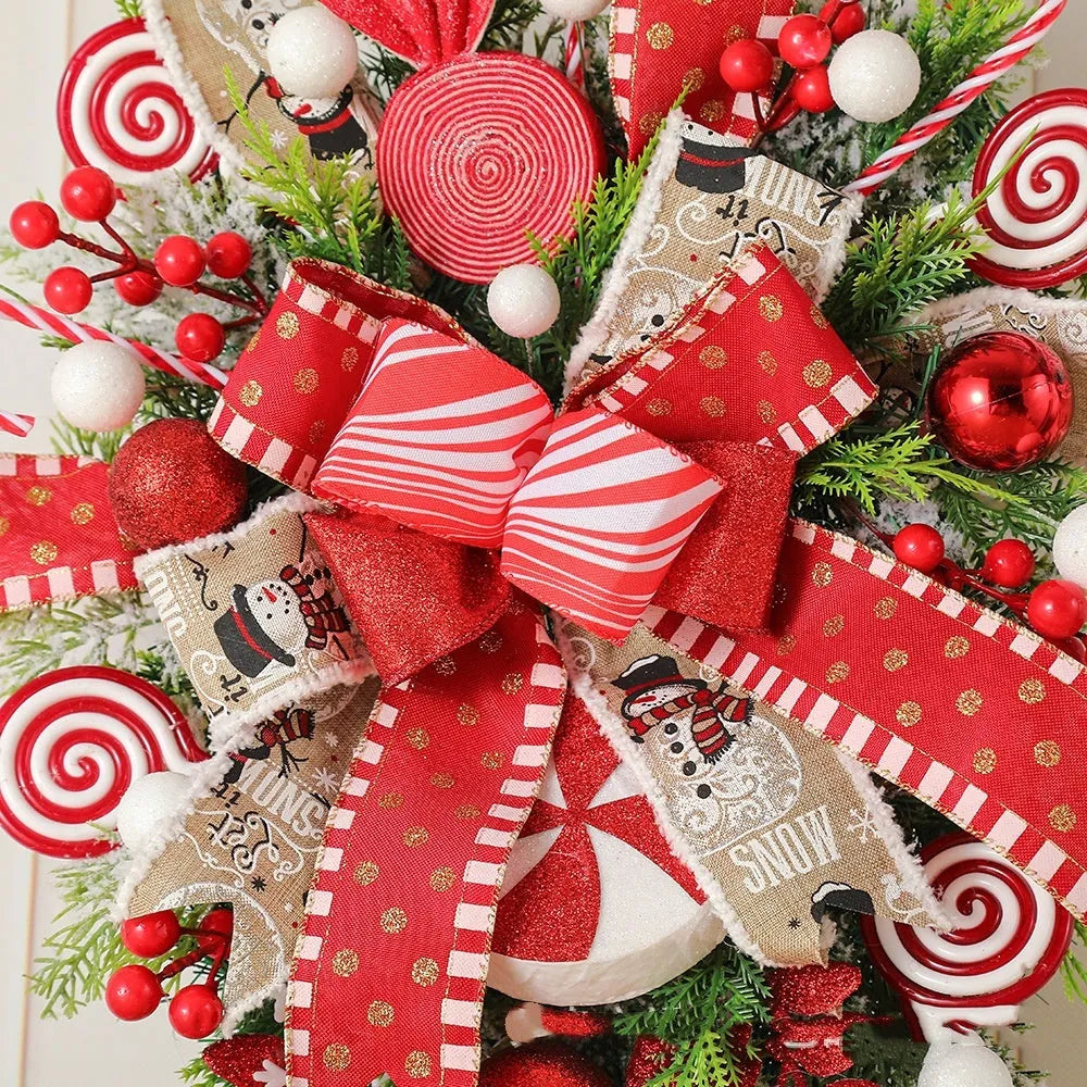 Artificial Christmas wreath with candy and upside-down tree design, 50cm or 60cm, yellow ribbon loops for hanging.