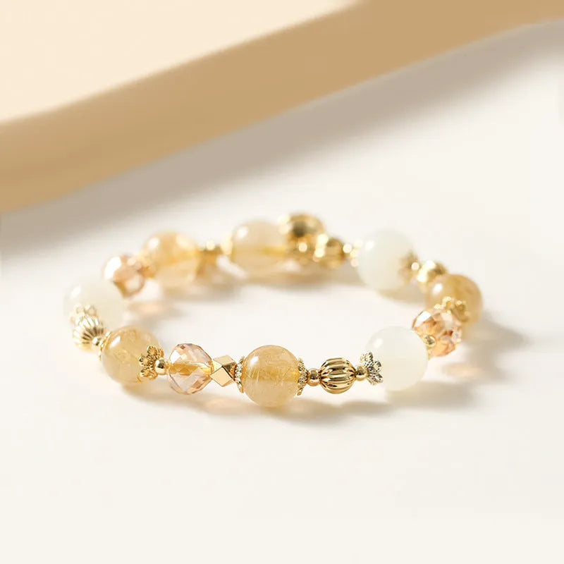 Gold electroplated bracelet with genuine rutilated quartz crystal in Korean style design