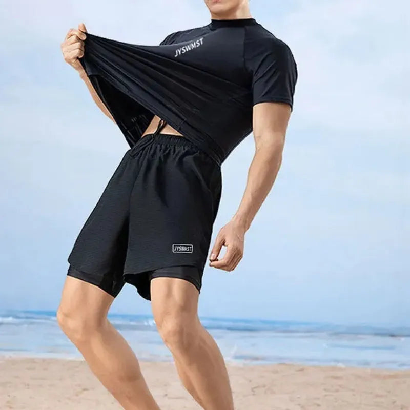 Men's plus size swimming suit set with top and pants in polyester fabric
