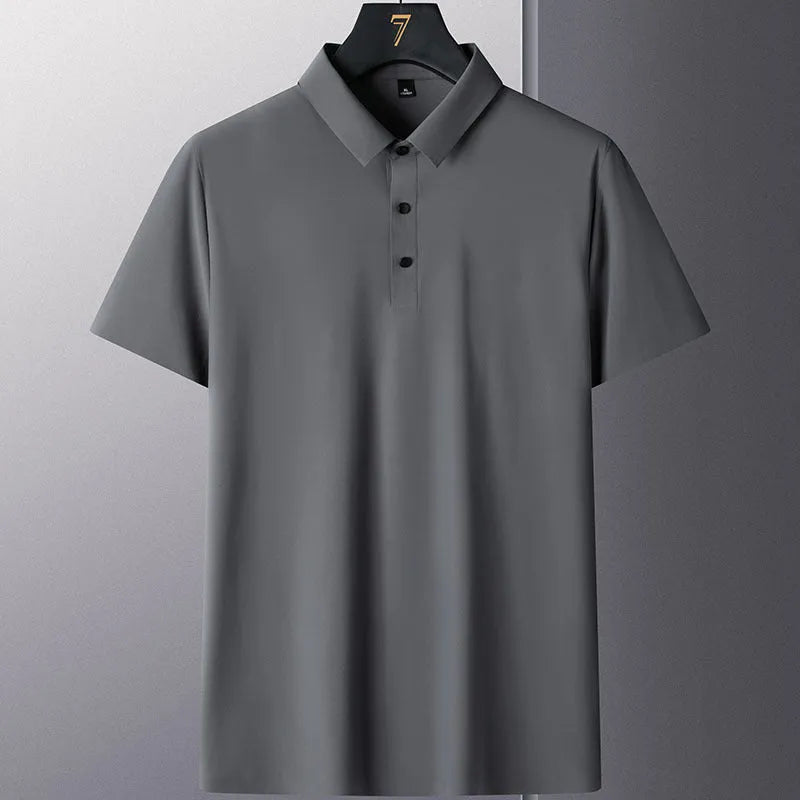 Non-ironing solid colour men's short sleeve business shirt on a hanger.