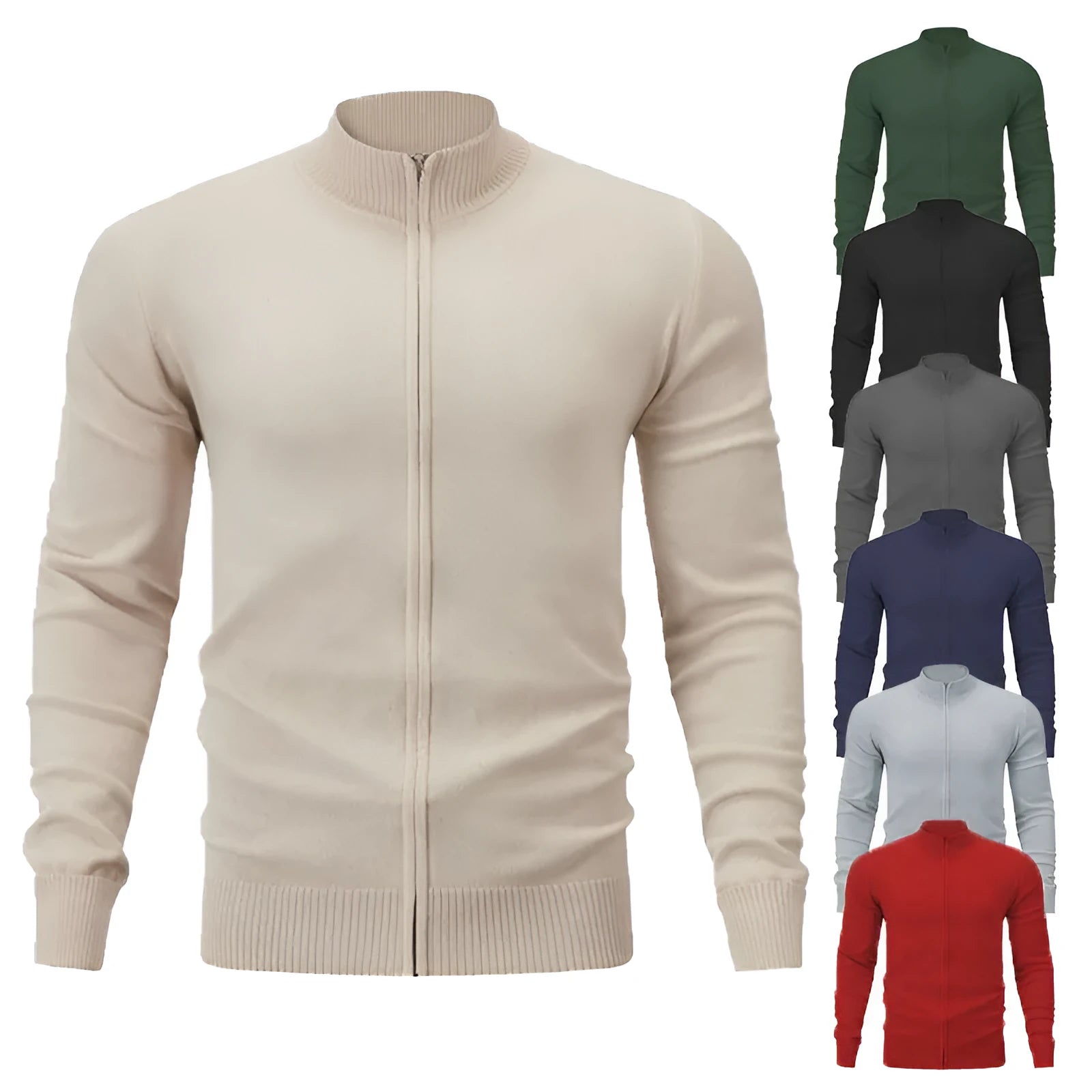 A casual loose-fit cotton cardigan with a stand collar and a full front zipper, shown in a solid colour.