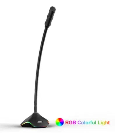 Black wired condenser microphone with desktop stand on a white background.