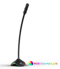 Black wired condenser microphone with desktop stand on a white background.