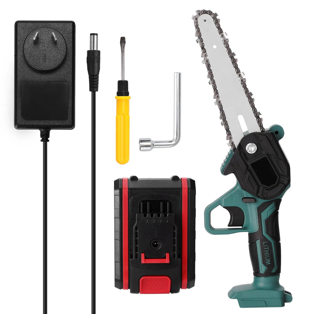 Black mini electric chainsaw with a 4 inch guide bar held in one hand.
