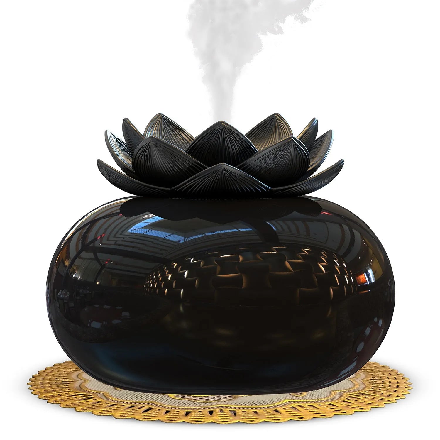 Pure black round Lotus aromatherapy ultrasonic humidifier with USB cable on a desk.