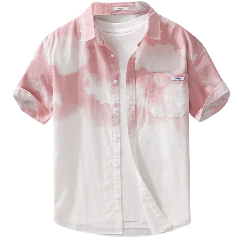 Men's light pink pure cotton short-sleeved shirt with loose cardigan style fit