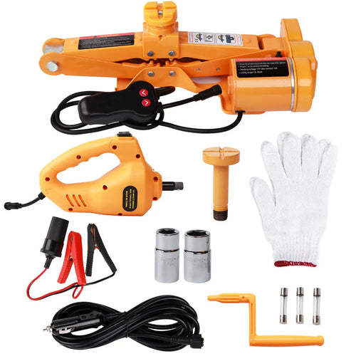 Yellow car electric jack set with electric wrench for 12V vehicle operation