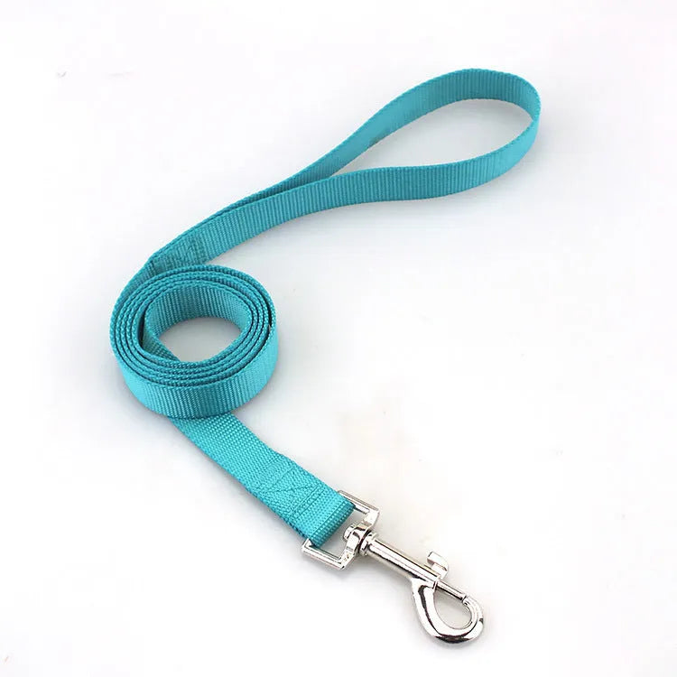 Solid colour polyester dog hand holding rope showing available colour options and size specifications