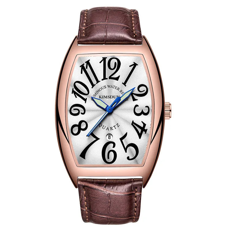 Jinshidun men's retro quartz watch with luminous dial, silver case, white face, black markings, and black leather strap