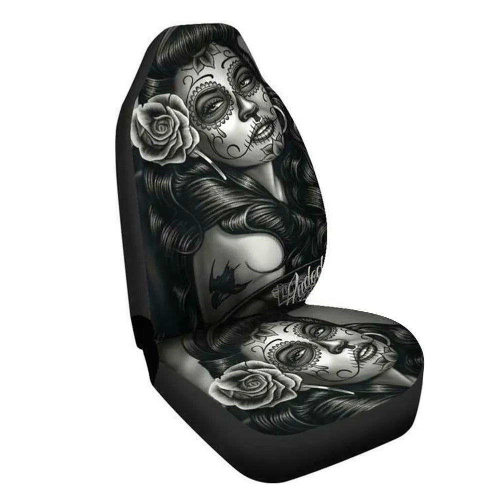 Black and white tattooed woman high back print car seat cover in fabric with ice silk finish, single or double seat option