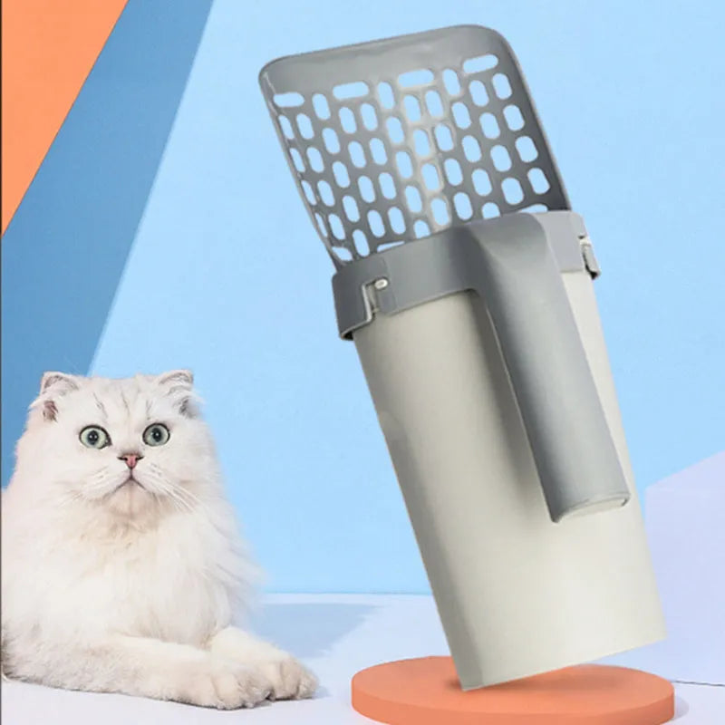 Grey PP cat litter shovel set with integrated storage box, filtering scoop, and 20x12x29cm size.