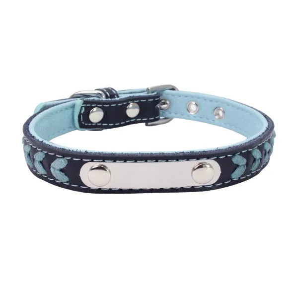 Stainless steel iron dog collar with laser lettering on genuine leather strap, available in blue, pink, purple, red and yellow