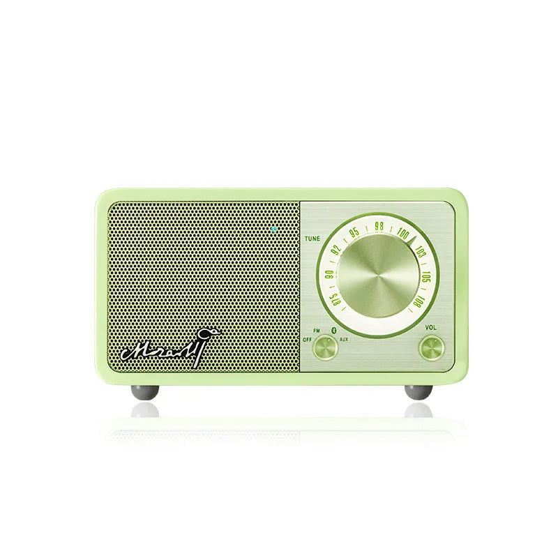 Bluetooth portable speaker with wooden box body in log colour, compact size 115x73x65mm