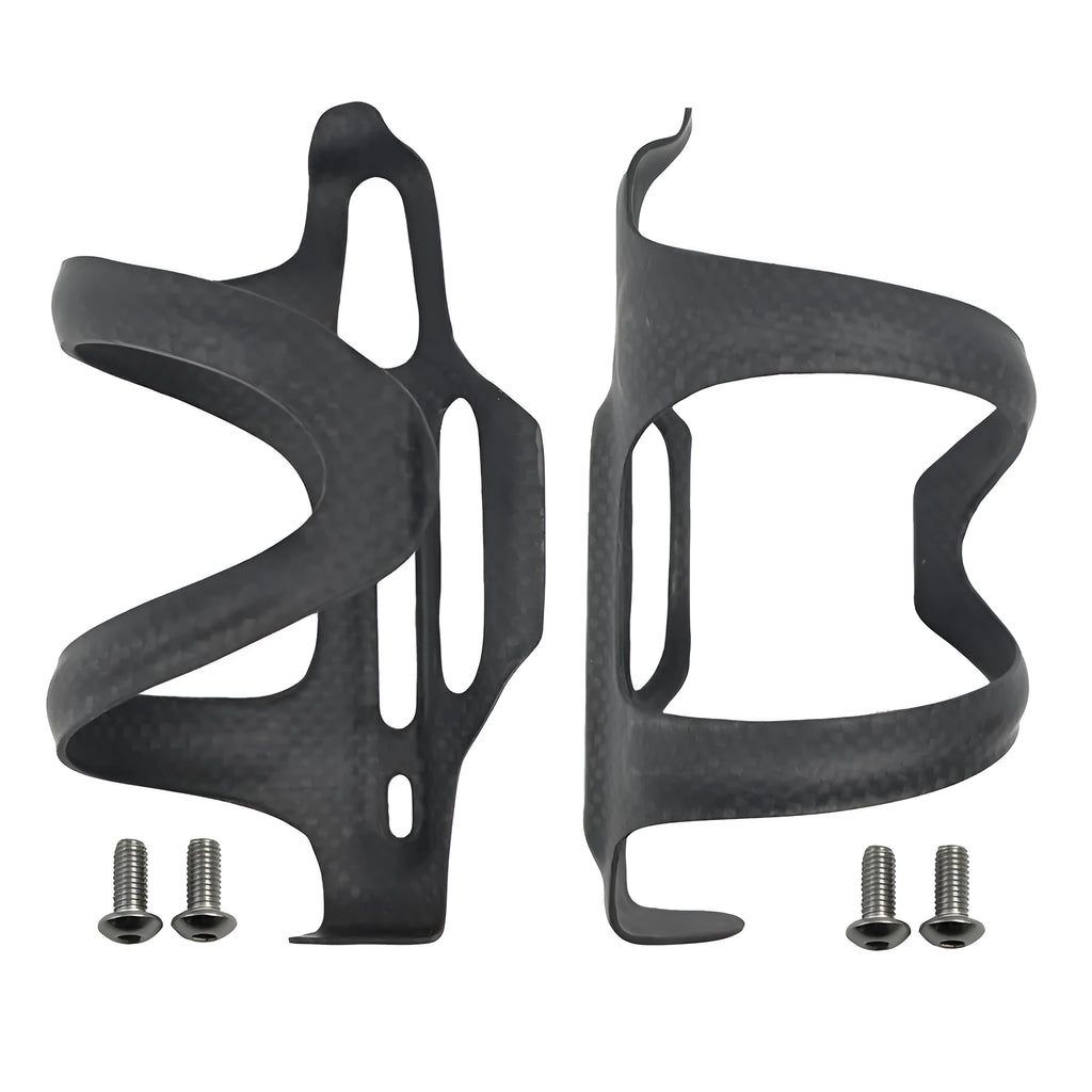 Black carbon fibre side-pull bicycle water bottle cage showing mounting holes and bottle grip.