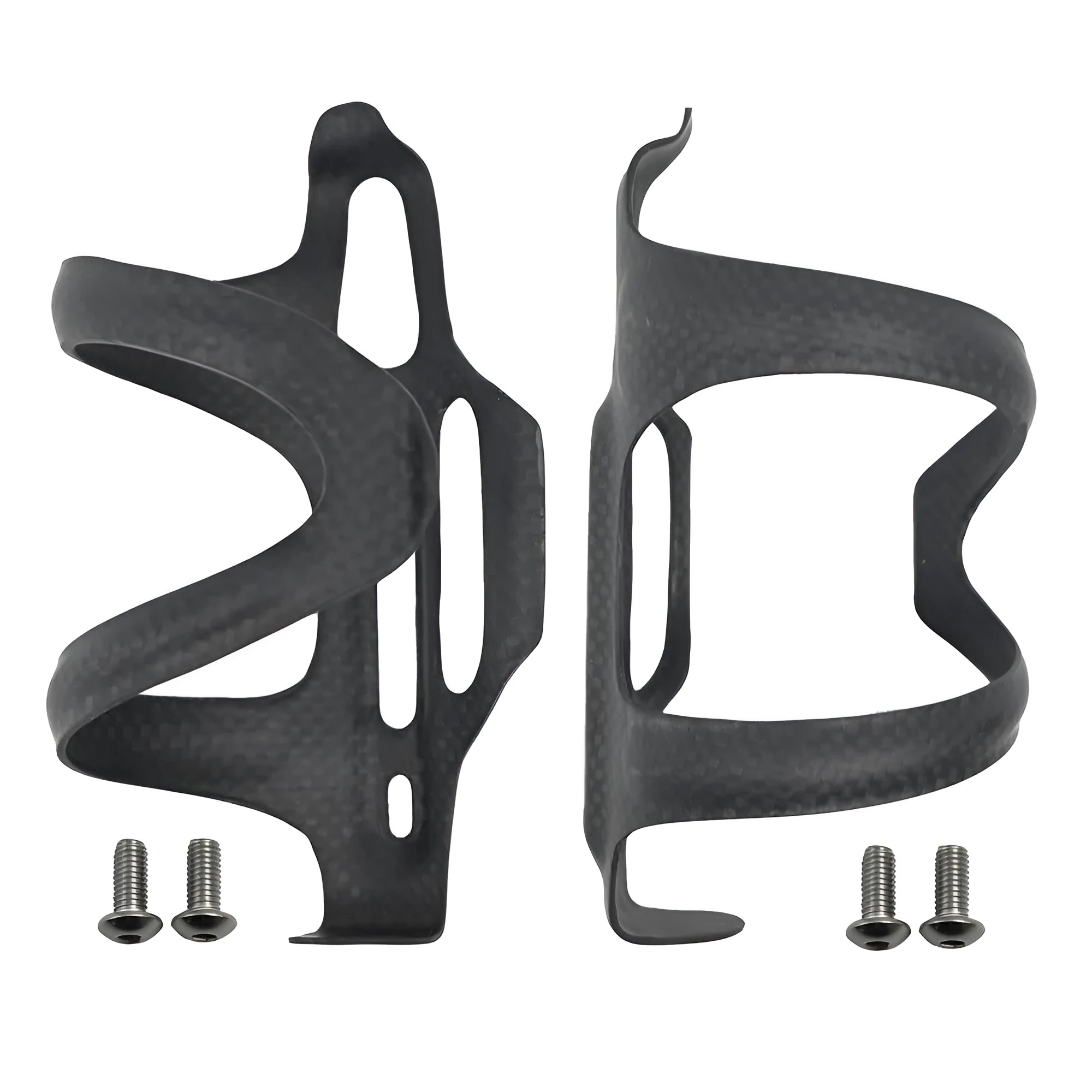 Black carbon fibre side-pull bicycle water bottle cage showing mounting holes and bottle grip.