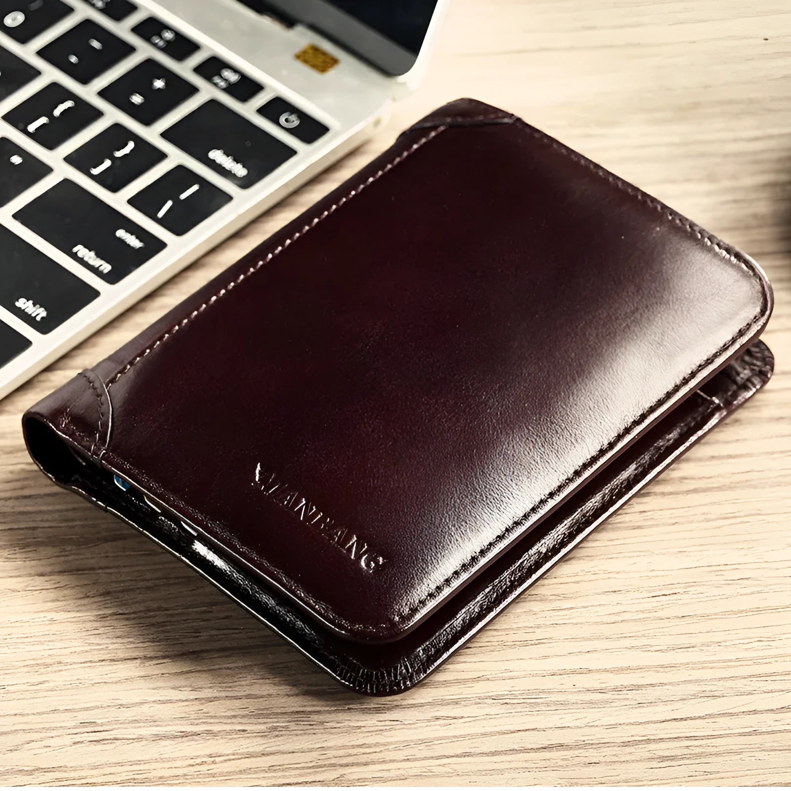 Men's leather wallet open showing photo slot, card holders, banknote section and change compartment