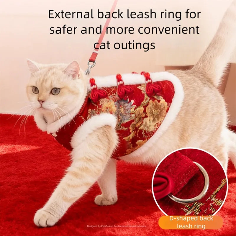 Chinese New Year pet vest with Chinese knot buttons, faux fur trim, and built-in leash ring in red or beige