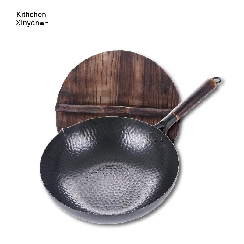 Traditional black iron wok with wooden handle, 32cm diameter