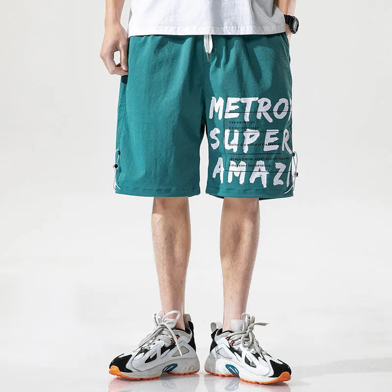 Men's loose cargo shorts in green, polyester fabric with multiple pockets, front view