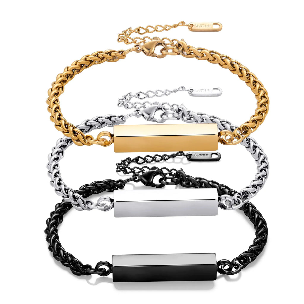 Unisex titanium steel rectangular column bracelet in silver, gold or black, 6mm x 30mm centre with 18cm band and 5cm tail chain.