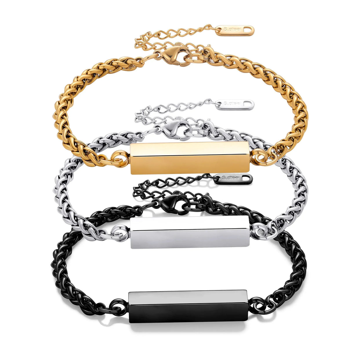 Unisex titanium steel rectangular column bracelet in silver, gold or black, 6mm x 30mm centre with 18cm band and 5cm tail chain.